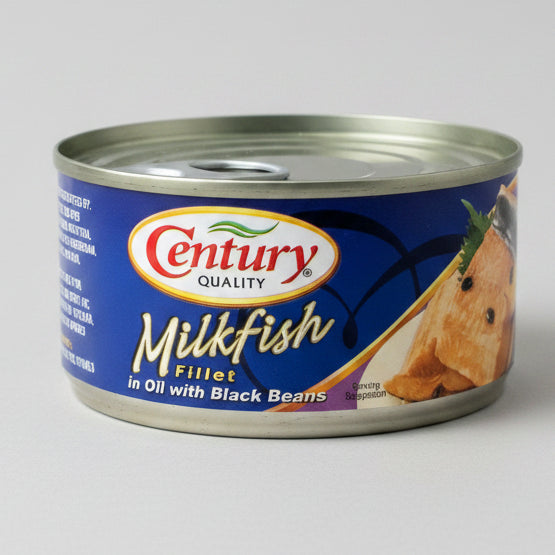 A can of Century Quality Milkfish Fillet in Oil with Black Beans canned food product, featuring a blue label with the Century logo and an image of the fish on a white background.