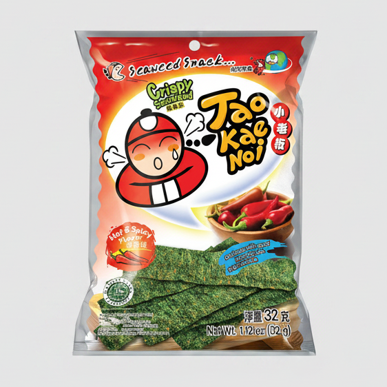 A bag of Tao Kao Noi Crispy Scavenged Seaweed snacks, featuring a red and orange packaging design with a cartoon character, a bowl of red chili peppers, and green seaweed sheets visible through the clear lower section.
