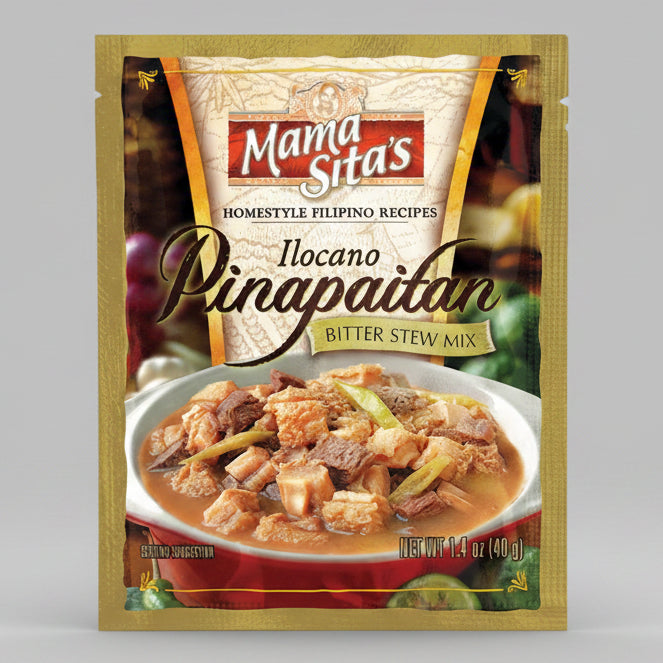 Packaging of Mama Sita's Ilocano Pinapaitan Bitter Stew Mix with stew image on a gold border