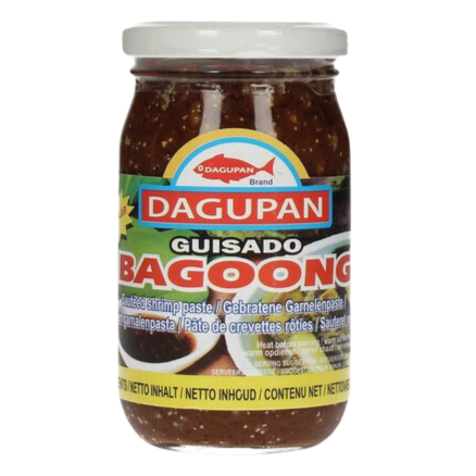 A glass jar of Dagupan Guisado Bagoong (spicy soy sauce) with a white lid and a colorful label, isolated on a white background.