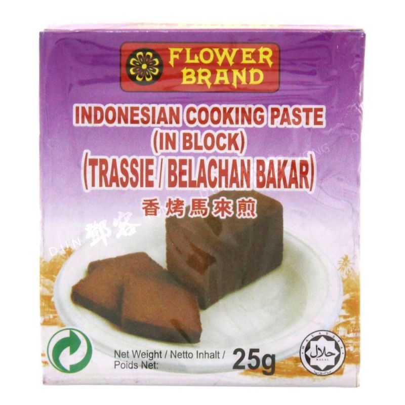 A 25g package of Flower Brand Indonesian Cooking Paste (Belachan Bakar) in a purple box with a photo of chocolate-brown paste on a plate.