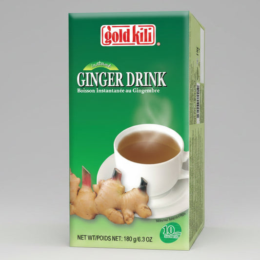 Gold Kili Ginger Drink tea box, 180 g (6.3 oz), featuring a green front panel with a cup of ginger tea, ginger root illustrations, and the brand logo in red.