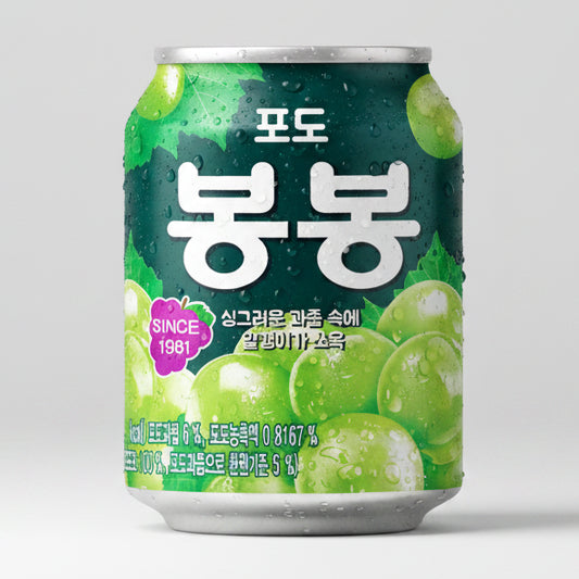 A can of Podo Bongbong grape soda on a plain white background. The can features a dark green label with illustrations of green grapes, white Korean text, and a small purple 'SINCE 1981' badge.