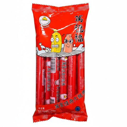 A package of 9 red Chinese firecracker sticks in a bright red plastic bag with cartoon illustrations and Chinese text, isolated on a white background.