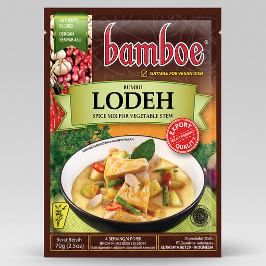 Bamboe Lodeh spice mix packaging with images of vegetables and a bowl of stew.
