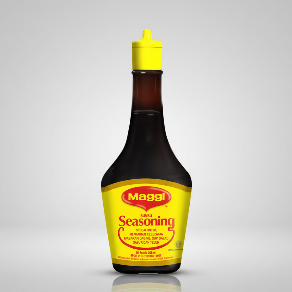 A bottle of Maggi Seasoning, 200 ml, featuring a bright yellow cap and a yellow label with red and black text, set against a plain white background.
