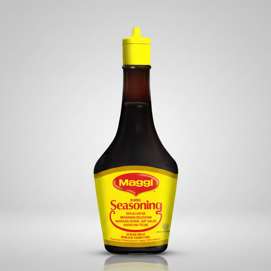 A bottle of Maggi Seasoning, 200 ml, featuring a bright yellow cap and a yellow label with red and black text, set against a plain white background.
