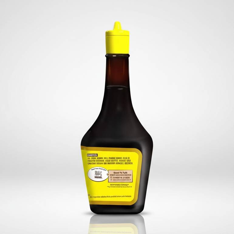 A bottle of Lamyck Glue-It wood cleaner with a bright yellow squeeze cap and a yellow label on a dark brown bottle, isolated on a white background.