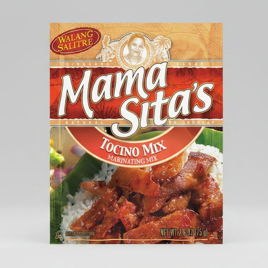 Mama Sita's Tocino Mix packaging with a close-up of tocino on rice.