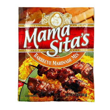 A package of Mama Sita's Barbecue Marinade Mix on a plain white background. The packaging features a red and gold design with an illustration of grilled skewers on rice.