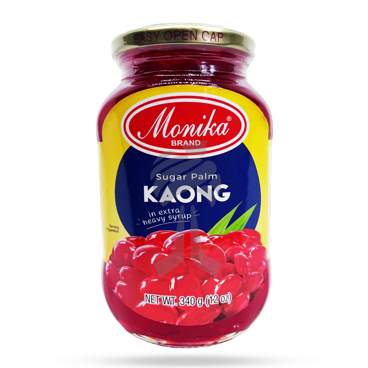A glass jar of Monika Brand Kaong Sugar Palm syrup with a gold metal cap, set against a plain white background with a soft shadow underneath.