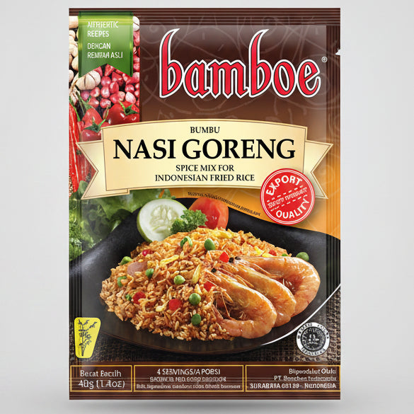 Bamboe Nasi Goreng spice mix packaging with fried rice and shrimp on a white background