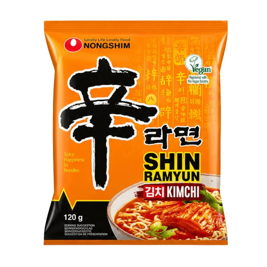 Nongshim Shin Ramyun Kimchi noodle package with orange background
