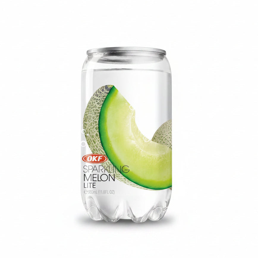 A clear plastic can of OKF Sparkling Melon Lite soda on a plain white background, featuring a graphic of a green melon slice on the label.