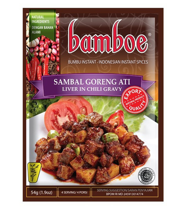 A package of Bamboe Sambal Goreng ATI Liver in Chili Gravy instant spice mix, featuring a brown and purple design with a photo of the cooked meat dish on the front.