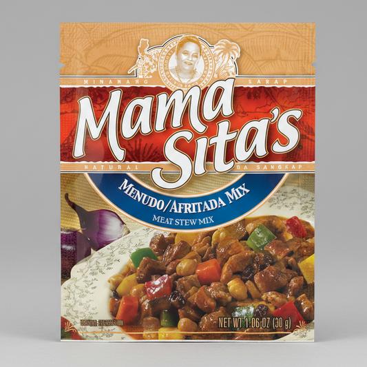 Mama Sita's Menudo/Afritada Mix packaging with a bowl of stew and ingredients.