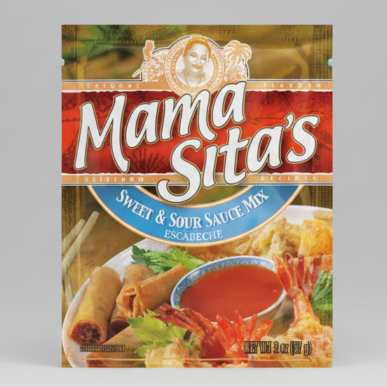 Mama Sita's Sweet & Sour Sauce Mix packaging with food images on a colorful background