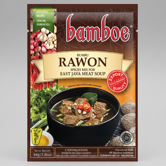 A package of Bamboe Rawon spices mix for East Java meat soup, featuring a brown and gold design with a bowl of prepared soup, red chili peppers, garlic, and mushrooms.