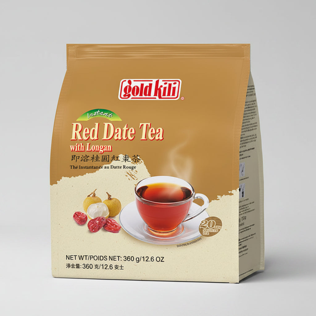 Gold Kuli Red Date Tea with Longan in a 360g stand-up pouch, featuring a golden-brown and cream design with an illustration of a cup of tea and red date fruits.