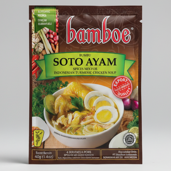 A package of Bamboe Soto Ayam spices mix for Indonesian turmeric chicken soup, featuring a brown box with a bowl of prepared soup on the front, a green banner, and the Bamboe brand logo.