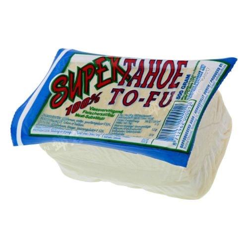 A package of SuperTahoe 100% To-Fu vegetarian meat substitute, showing the white block wrapped in clear plastic with a blue and white label featuring red and green lettering.