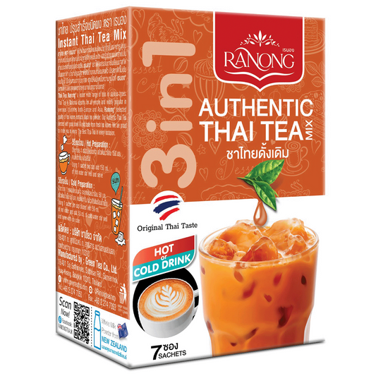 A 3-in-1 authentic Thai tea mix box by Ranong, featuring an orange-brown design with a glass of iced latte and a green basil leaf on the front, shown on a plain white background.