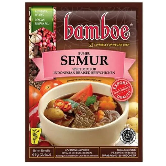 A package of Bamboe Semur spice mix for Indonesian braised beef and chicken, shown against a plain white background. The packaging features a brown background with a pink banner, a bowl of prepared semur soup, and various spice illustrations.