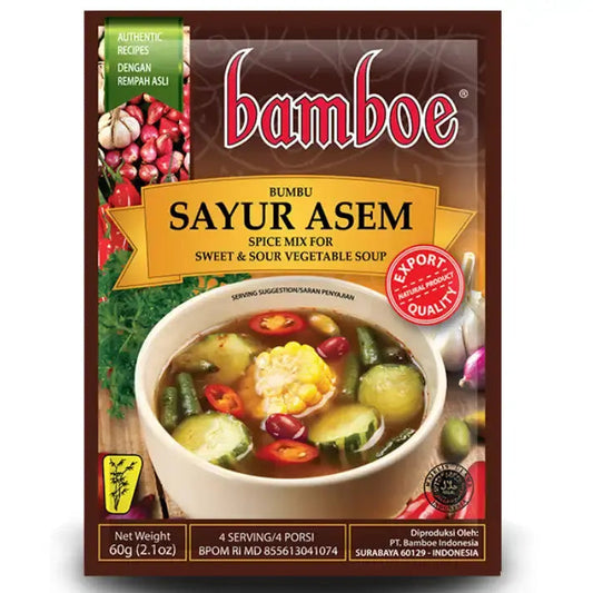 Bamboo Sayur Asem spice mix for sweet and sour vegetable soup, in a brown cardboard box with a bowl of prepared soup pictured on the front.