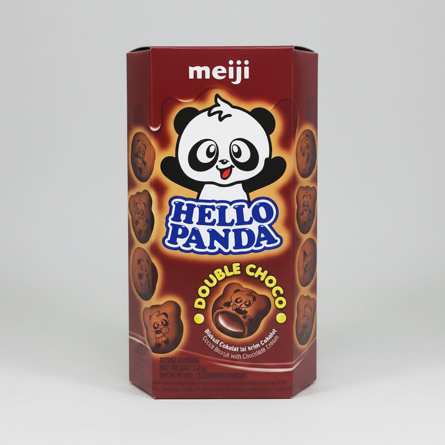A box of Meiji Hello Panda Double Choco cookies, featuring the brand name 'meiji' at the top and the cartoon panda logo in the center, on a plain white background.