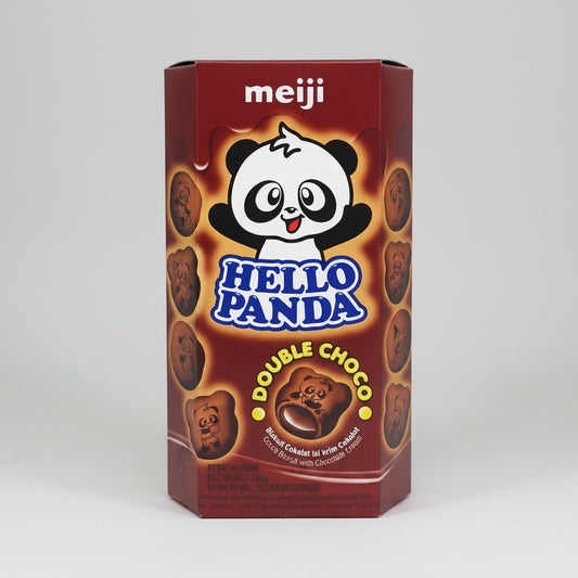 A box of Meiji Hello Panda Double Choco cookies, featuring the brand name 'meiji' at the top and the cartoon panda logo in the center, on a plain white background.