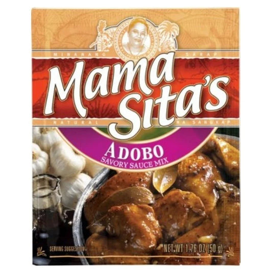 Mama Sita's Adobo savory sauce mix packaging with a bowl of adobo and ingredients on a white background.