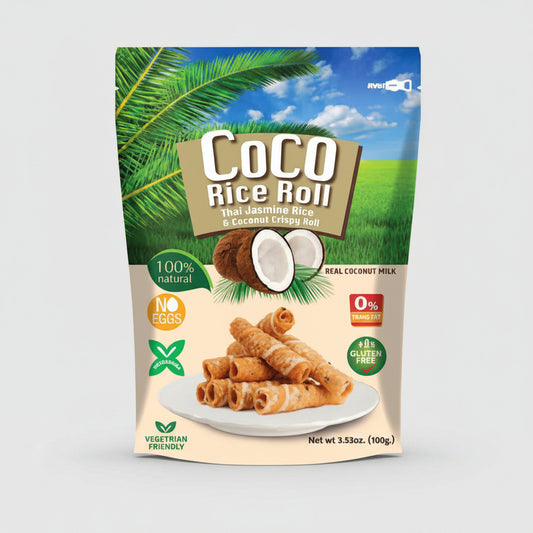 A 3.5 oz bag of Coco Rice Roll (Thai Jasmine Rice & Coconut Eating Hay) featuring a tropical design with palm leaves, a blue sky, and green grass, with an illustration of the golden-brown rice rolls on a white plate.