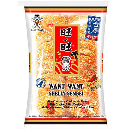 A package of Want Want Shelly Senbei rice crackers, featuring a white bag with a large image of golden-brown crispy crackers, red and gold Chinese characters, and 'WANT WANT SPICED RICE CRACKERS' printed on the front.