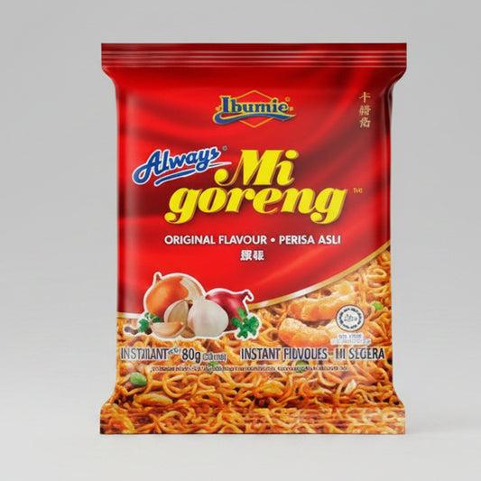 A bag of Jimic Always Mi Goreng instant noodles, featuring a red packaging design with the brand name 'Jimic' and product name 'Always Mi Goreng' in yellow and white text, showing noodles and ingredients on the front.