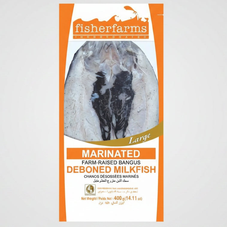 A package of FisherFarms Marinated Farm-Raised Bangus Deboned Milkfish, featuring a large photograph of a marinated fish on the front of an orange and white box.