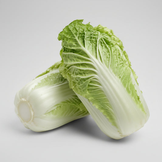 Two heads of fresh Chinese cabbage (Napa cabbage) showing their pale green and white leafy texture, isolated on a white background.
