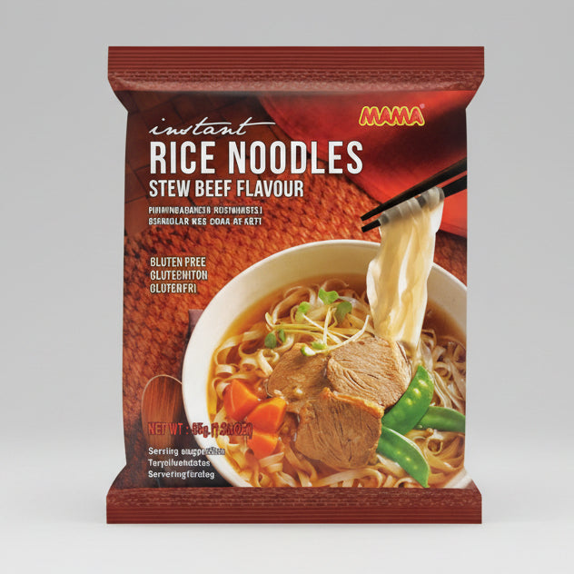 A package of MAMA Instant Rice Noodles Stew Beef Flavour, featuring a bowl of prepared noodle soup with beef and vegetables on the front, set against a plain white background.