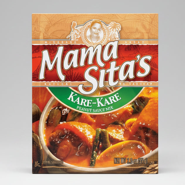 A package of Mama Sita's Kare-Kare Peanut Sauce Mix, featuring a red and gold label with a photo of the prepared peanut sauce dish on the front.