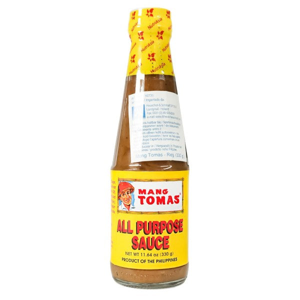 A bottle of Mang Tomas All Purpose Sauce on a plain white background, showing the yellow label, brown sauce inside, and the yellow foil cap.