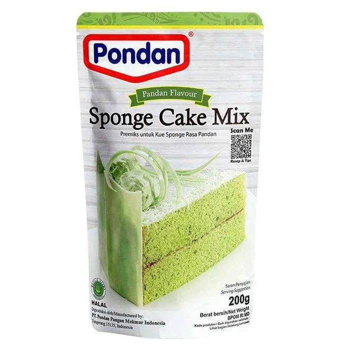 Pondan Sponge Cake Mix in a 200g resealable pouch, featuring a green sponge cake slice illustration on a white background with a green top border.