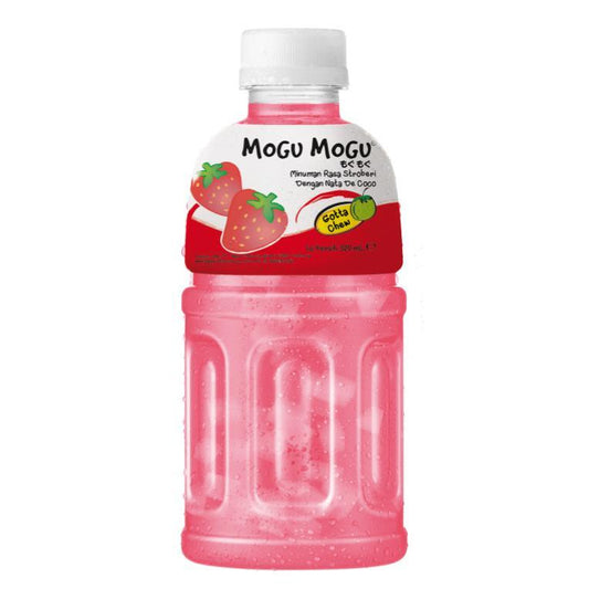 A bottle of MoGu MoGu Extra Chew flavor drink, featuring a translucent pink body with a white cap and a label showing strawberry illustrations.