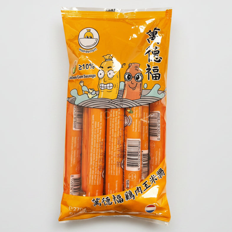 Packaged chicken sausages with cartoon character on an orange background
